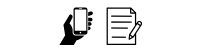 Icon showing a hand holding a smart-phone and a pen and paper.