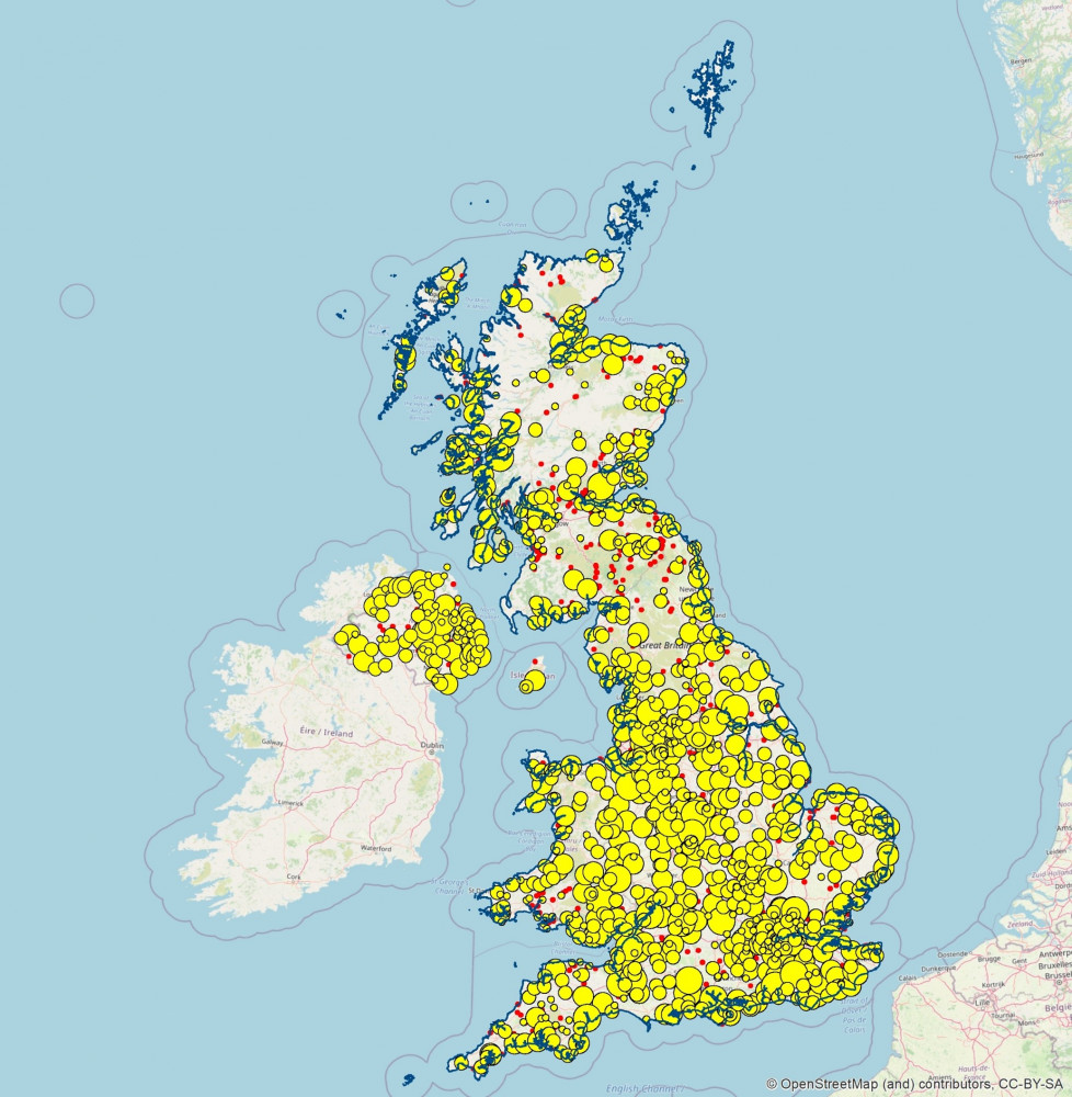 Map of all known heronry sites visited by Heronries Census volunteers between 2018 and 2021.