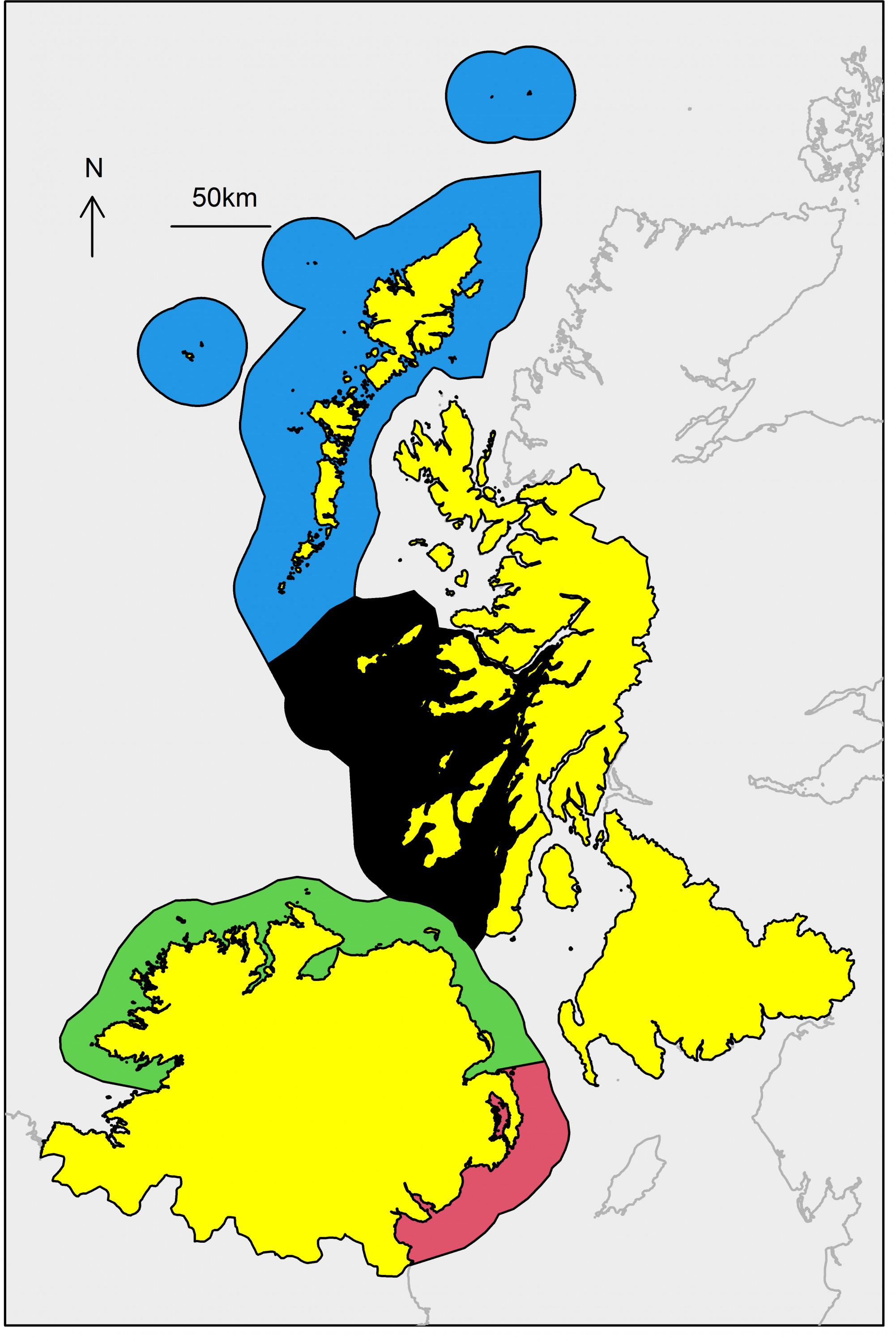 Map of study area, with INTERREG VA area (yellow) and MarPAMM management regions (blue, Outer Hebrides; black, Argyll; purple, Co. Down – Co. Louth; green, North Coast Ireland – North Channel)