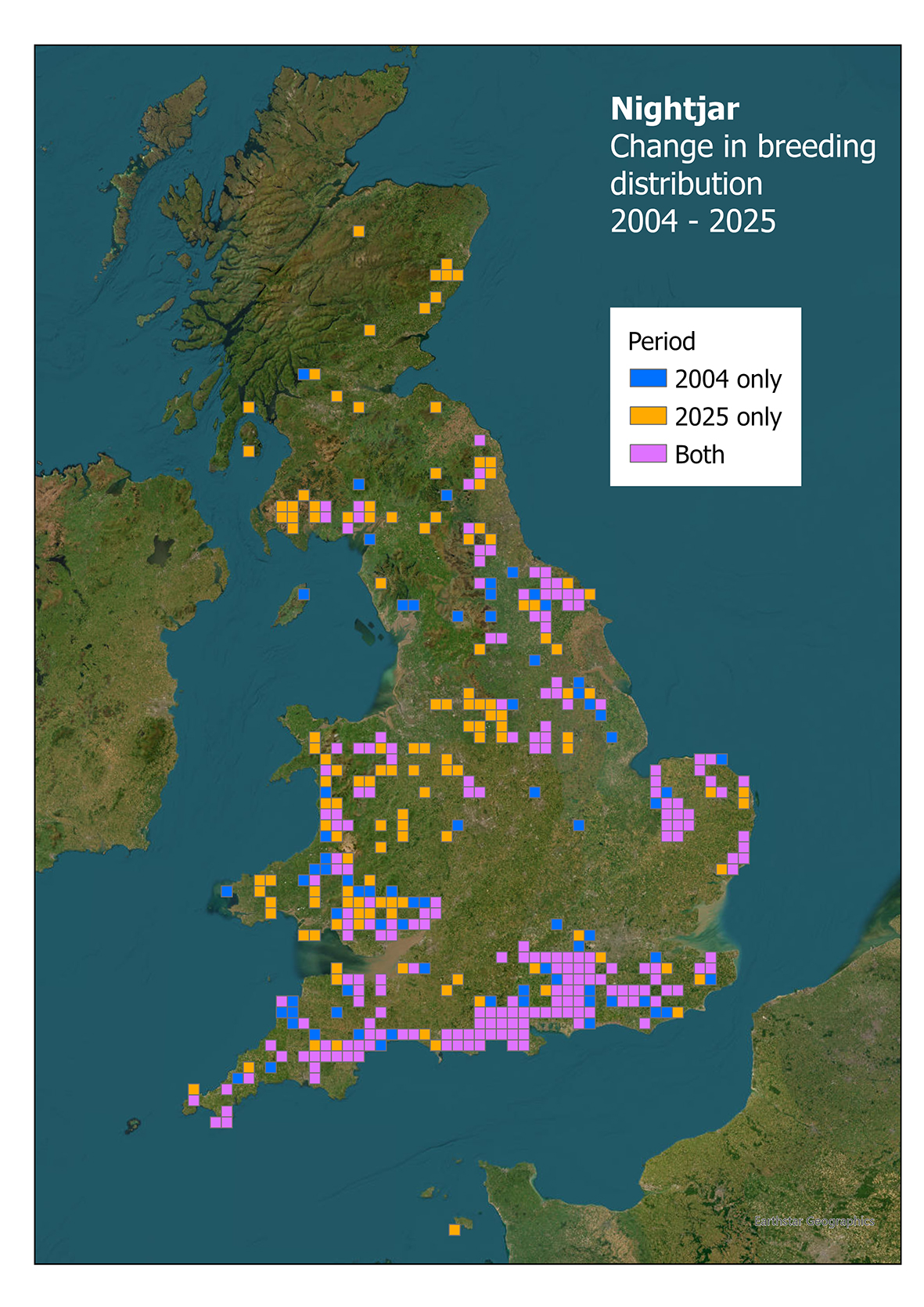Map showing the changes in distribution of Nightjars in the UK 2004-2025