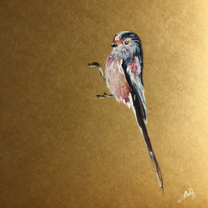 A painting of a long-tailed tit on a wooden board