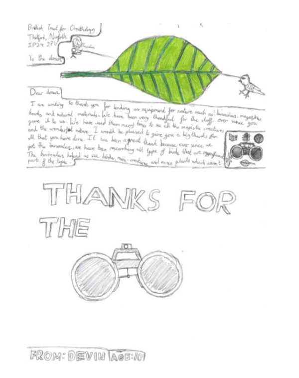 Letter of thanks written by Devin, age 10, who was able to use equipment donated to his school.