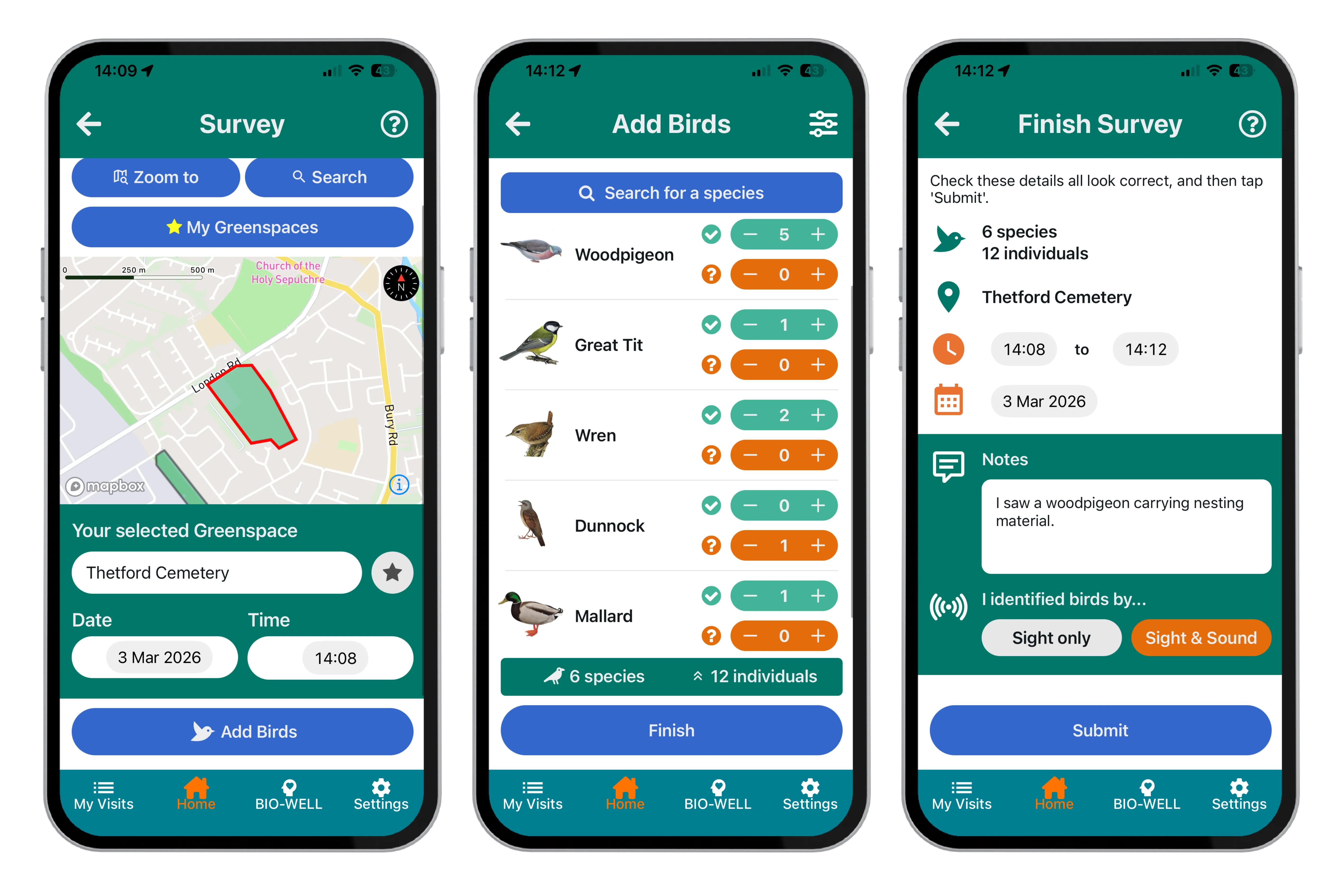 Birds in Greenspaces mobile app screenshots (survey)