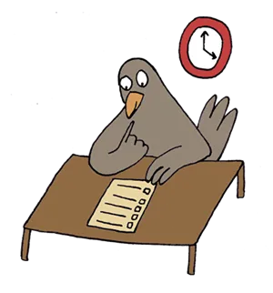 Illustration of a bird filling in a questionnaire, by Anna Dupont-Crabtree