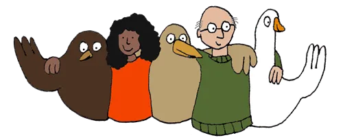 Illustration of birds and people hugging each other, by Anna Dupont-Crabtree