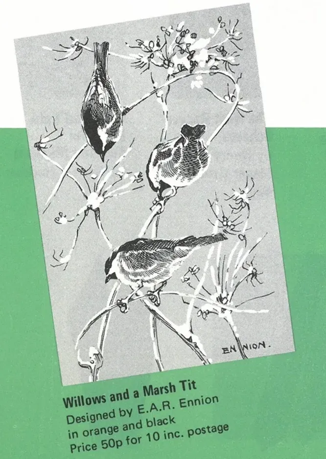 Willow Tit and Marsh Tit BTO Christmas card, by E.A.R. Ennion, 1974