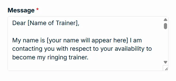 Example message to a Ringing Trainer inside MyBTO