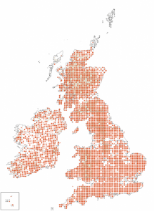 Breeding distribution of Spotted Flycatcher during the breeding-seasons of 2008 to 2011
